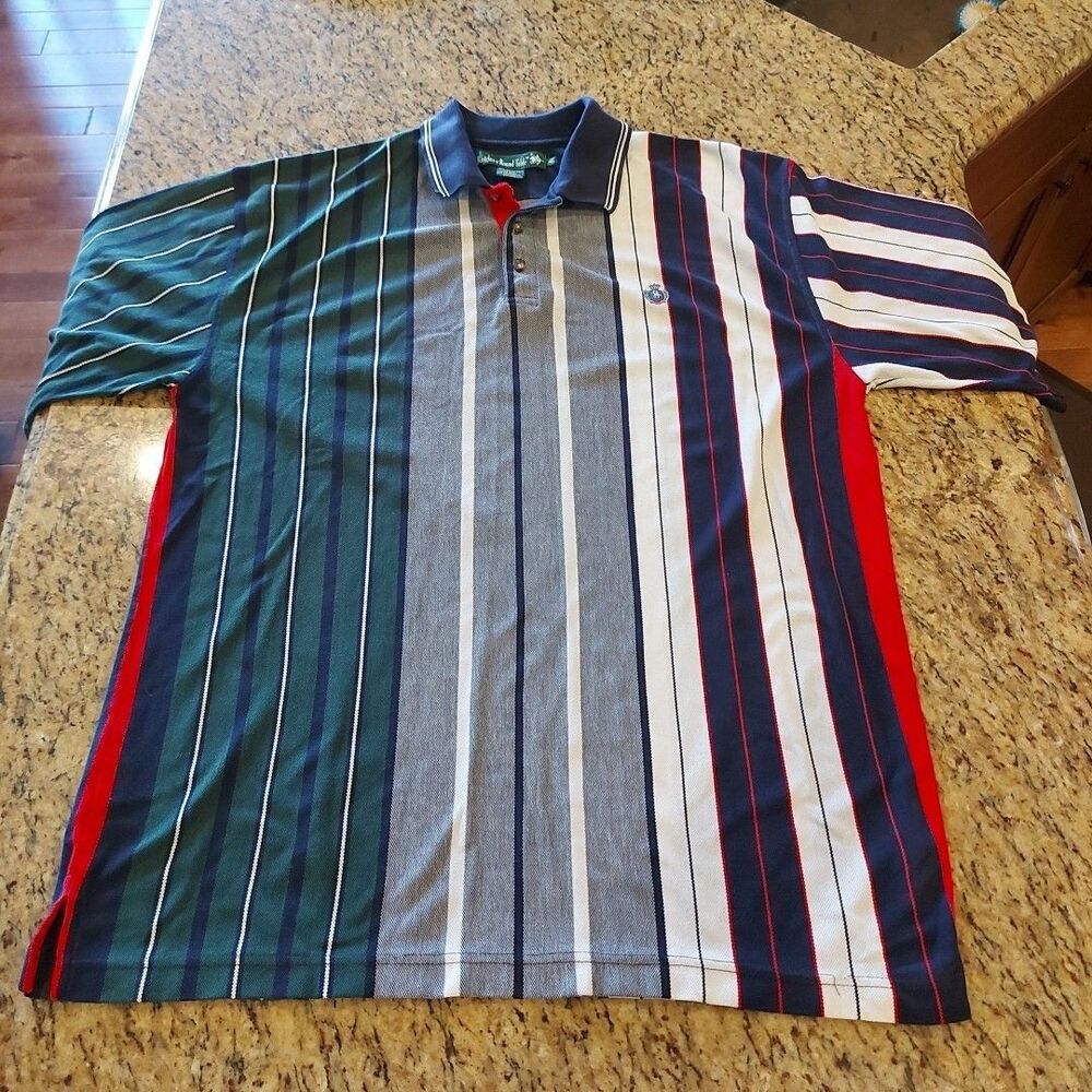 Vintage Knights of Round Table Men's Polo XL Vertical Stripe Embroidered Crest